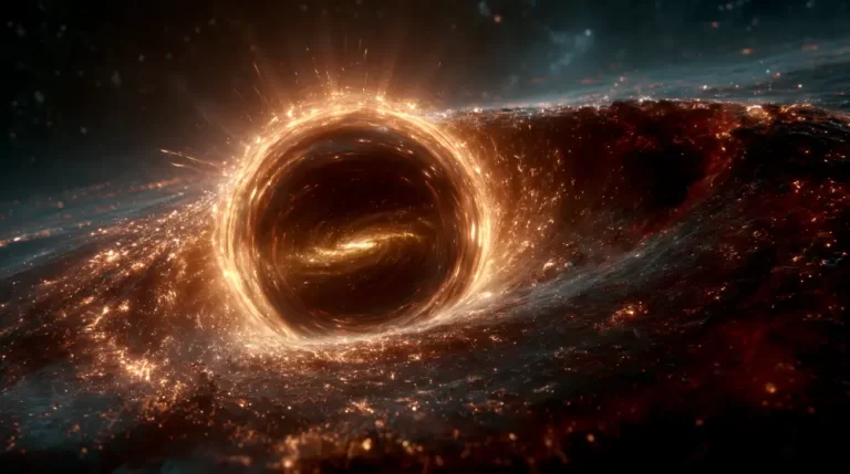 A massive black hole with an intense glowing golden ring of light warping the surrounding cosmic dust and space.