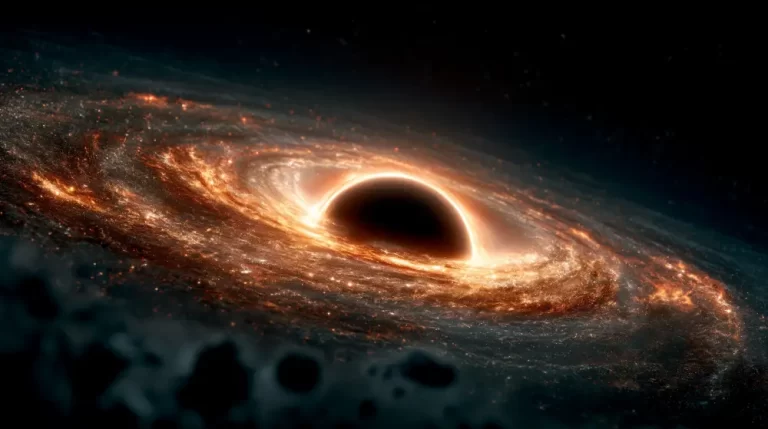 A massive black hole singularity warped by a bright glowing orange accretion disk of cosmic dust and stars.