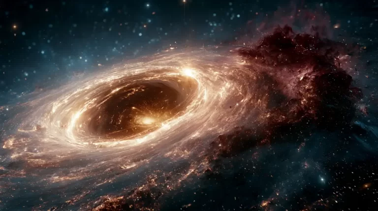 A massive black hole vortex surrounded by a bright spinning golden accretion disk and a dense trail of dark red cosmic dust.