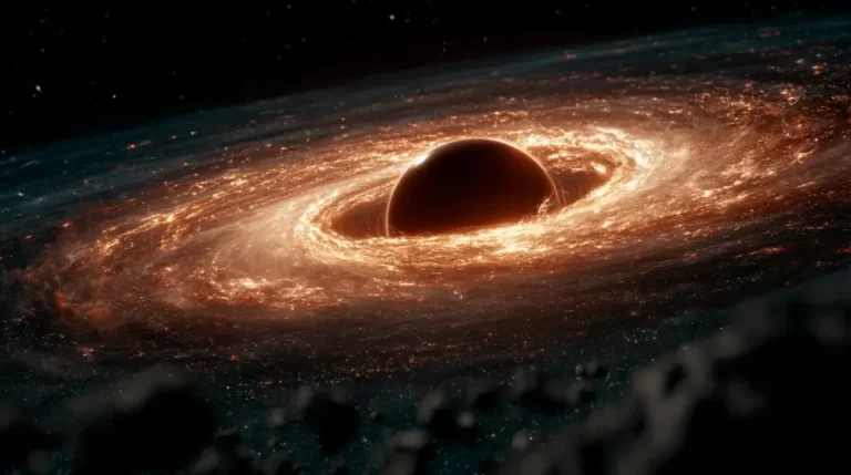 A massive dark celestial body surrounded by a wide, glowing orange accretion disk of cosmic gas and rocky debris.