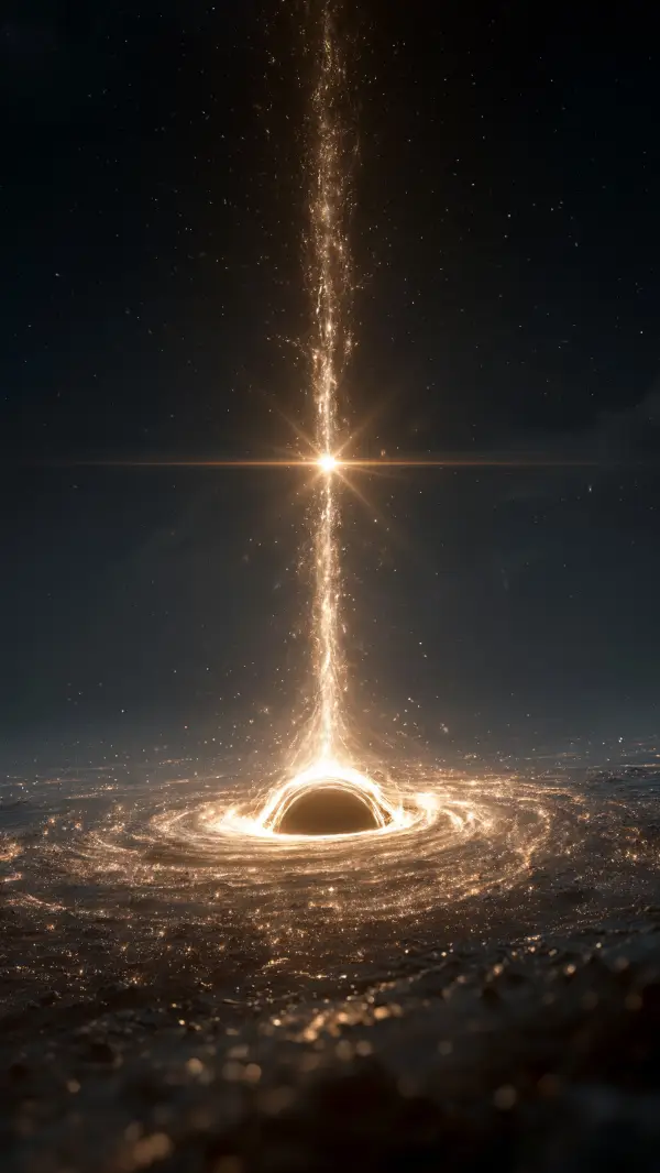 A blazing quasar core launches a powerful relativistic jet from a supermassive black hole surrounded by a luminous accretion disk.