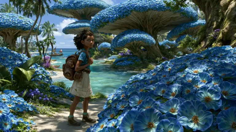 A young girl with a backpack stands on a coastal path surrounded by massive blue flower shaped trees and a vibrant field of blossoms