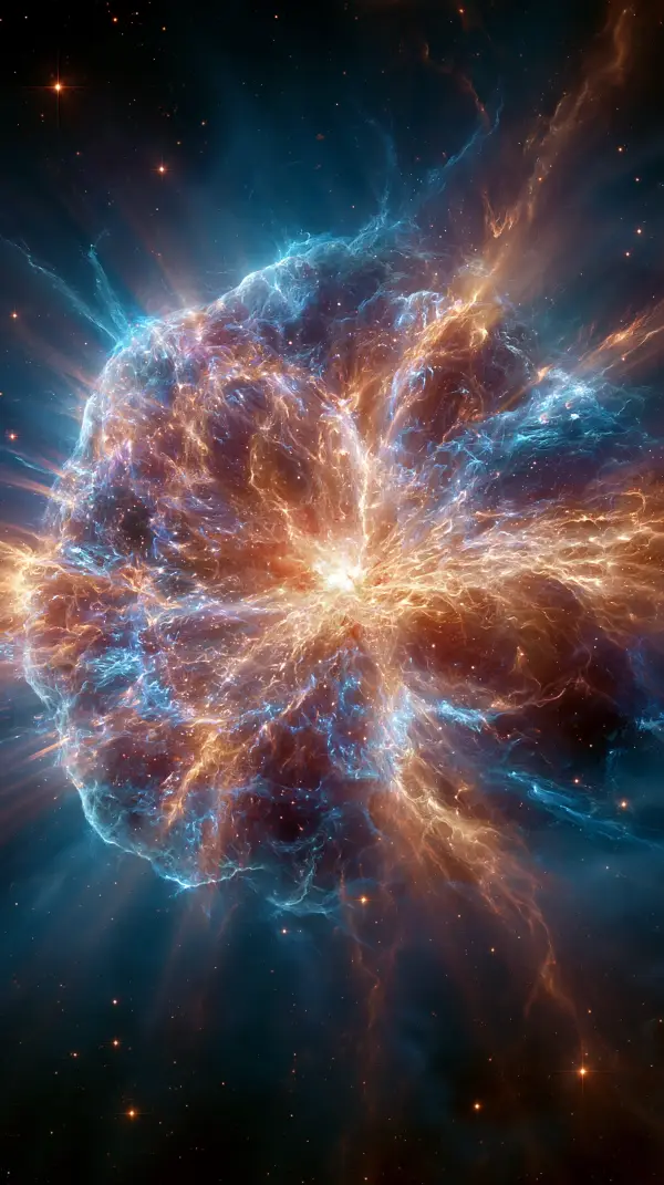 A brilliant blue and gold supernova core collapse releasing intense energy and expanding stellar material into deep space.
