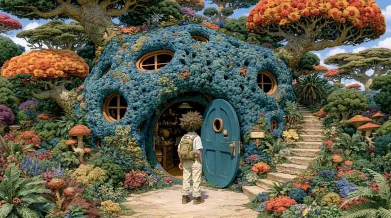 A young traveler with a backpack stands before an open blue door of a round dome house covered in blue moss and surrounded by colorful autumn trees