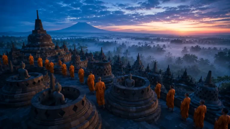 Borobudur Temple at sunrise with misty forest, distant mountains, and rows of stone stupas across the terrace.
