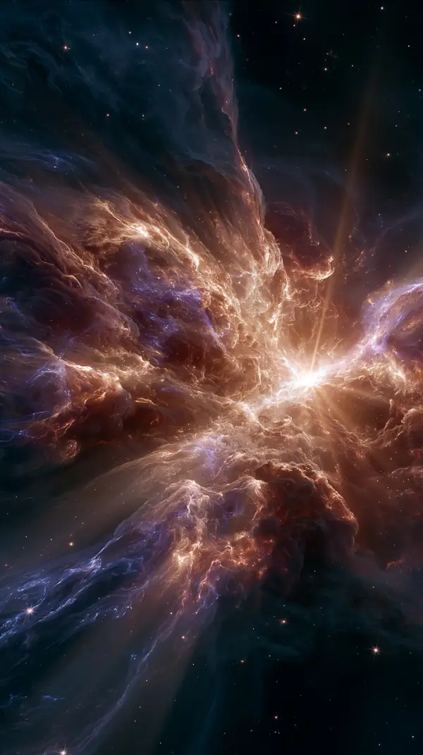 A brilliant kilonova erupts as two neutron stars collide, releasing intense light and expanding clouds of glowing cosmic gas.