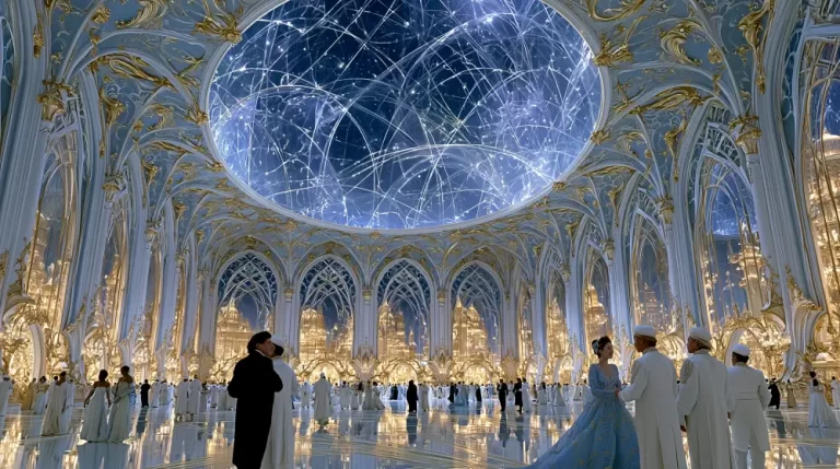 A massive ornate white and gold palace hall filled with guests under a giant circular glass dome revealing a glowing starry constellation sky