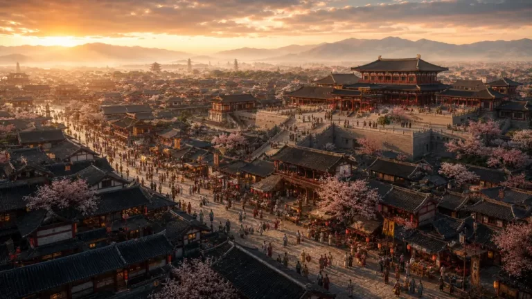 Chang’an during the Tang Dynasty with palace roofs, crowded avenues, flowering trees, mountains, and warm evening light.