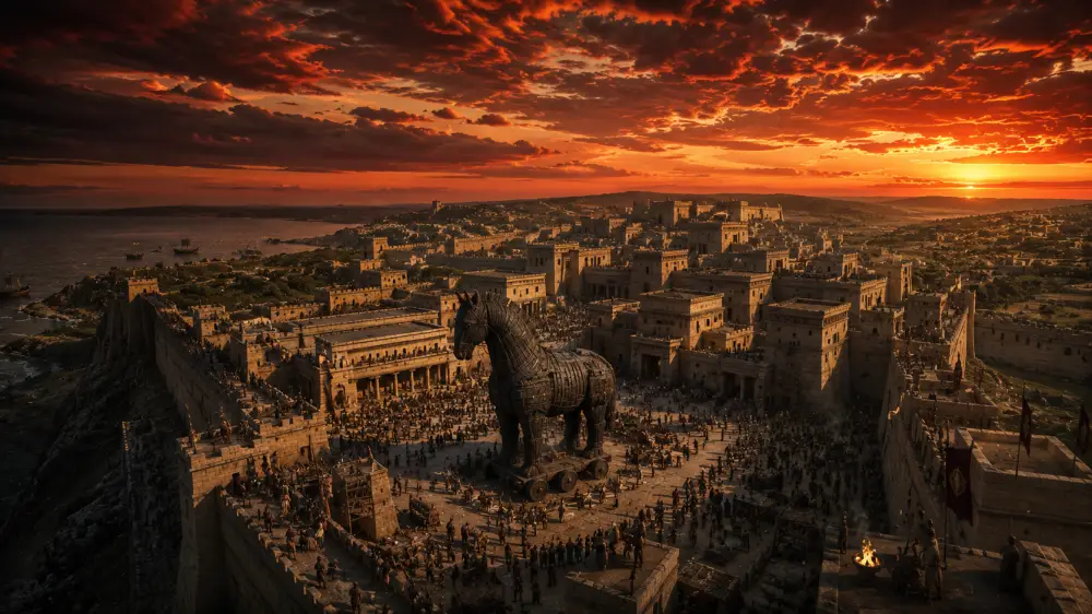 The city of Troy at sunset with walls, temples, crowds, and a large wooden horse near the ancient settlement.