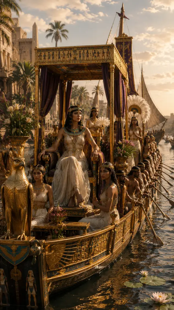 Queen Cleopatra sits aboard an ornate royal barge leading a ceremonial procession along the Nile with attendants and rowers at sunset.