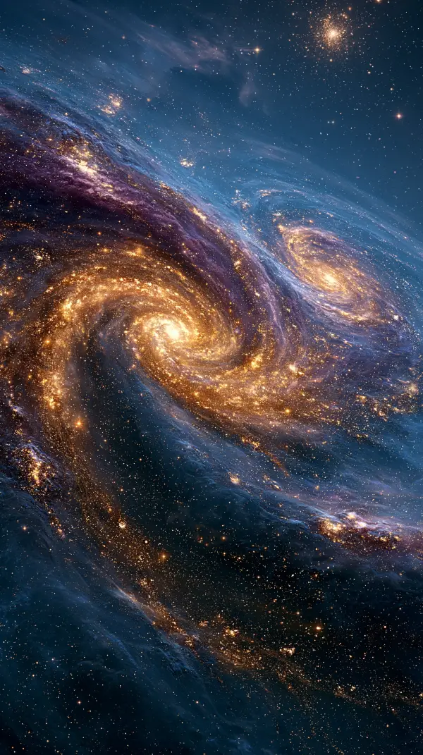 Two magnificent spiral galaxies collide as brilliant streams of stars, glowing gas, and cosmic dust merge into a spectacular celestial display.
