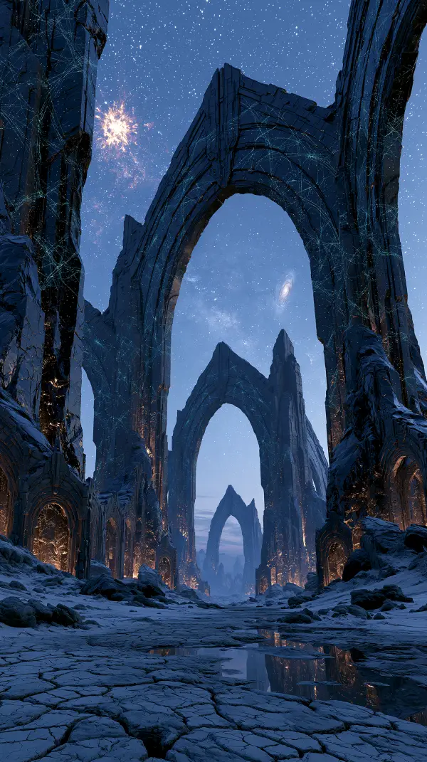 Massive alien stone archways rise across a frozen dead moon beneath a star-filled sky with distant galaxies and ancient illuminated ruins.