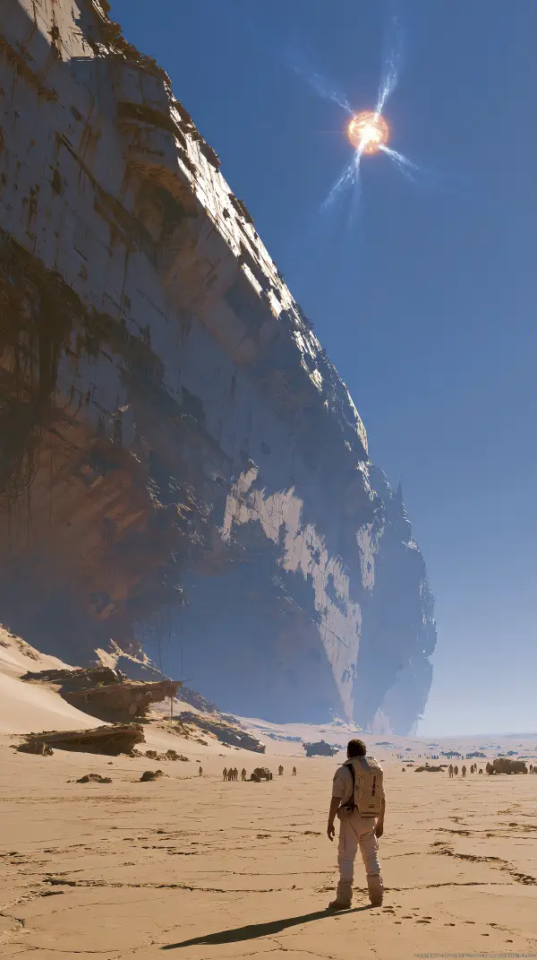 An explorer stands before the immense wreck of a colossal ancient starship resting in a vast desert on an alien world.