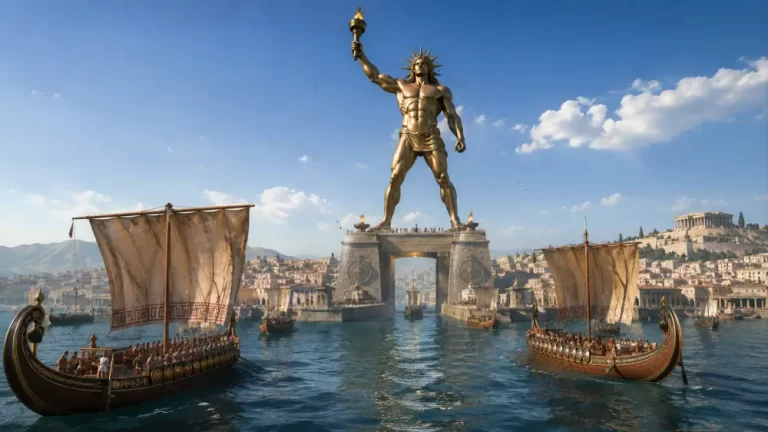 The Colossus of Rhodes towering over an ancient harbor as ships sail beneath the giant bronze statue.