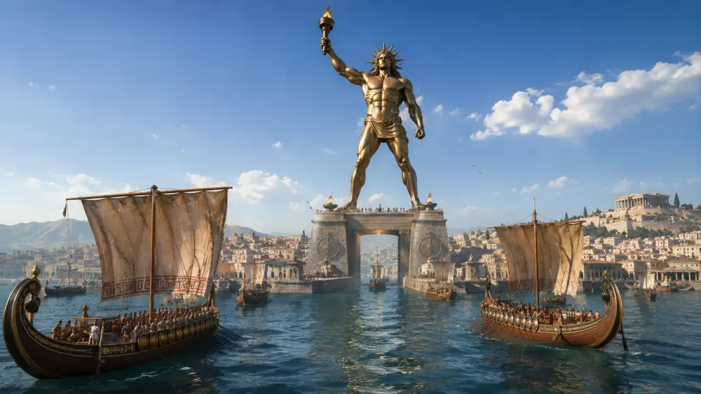 The Colossus of Rhodes towering over an ancient harbor as ships sail beneath the giant bronze statue.