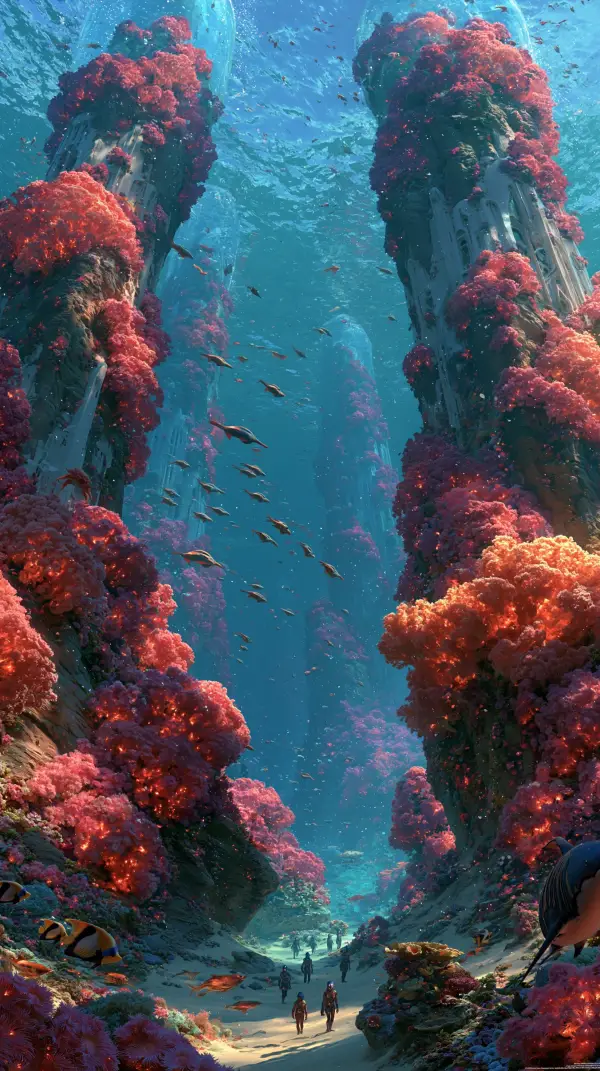 Towering coral-covered ruins rise from a vast underwater canyon as divers explore the remains of an ancient submerged civilization.