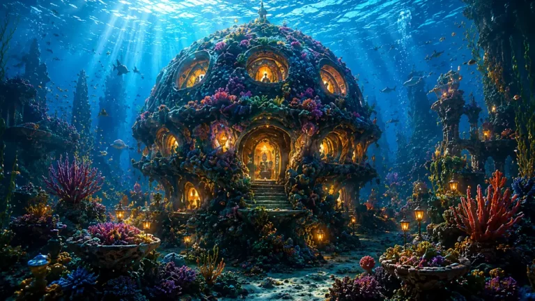 Rounded coral-covered underwater residence with glowing windows, reef gardens, and small figures near the entrance.