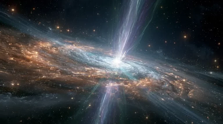 A massive diagonal spiral galaxy with an active core emitting a powerful blue and purple energy beam into deep space.