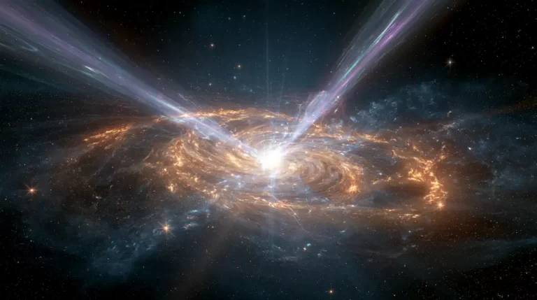 A spectacular view of an active galactic nucleus emitting twin blue and purple energy jets from a swirling golden vortex.