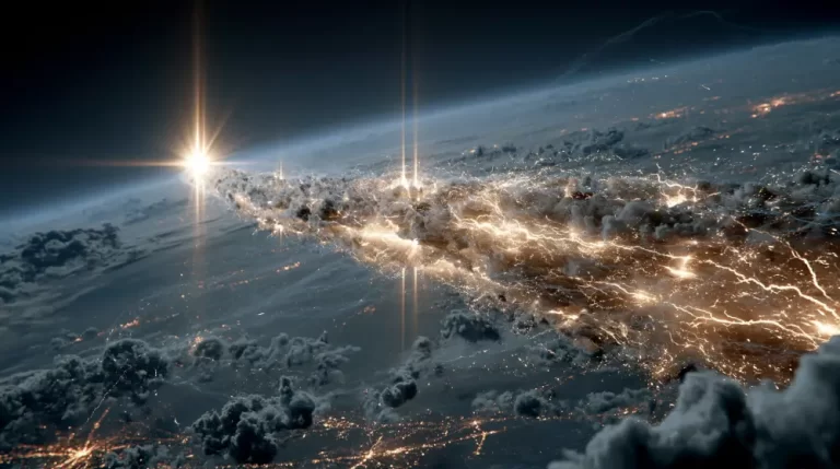 A dramatic view from orbit showing a massive river of electrical lightning and cosmic energy tearing across a dark planet.