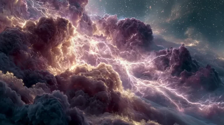 A panoramic cosmic lightning storm with glowing pink electrical arcs cutting through dense purple and beige clouds.