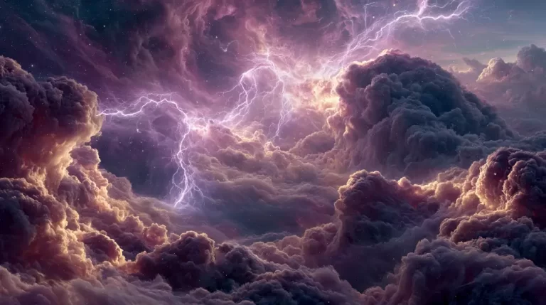 A spectacular cosmic lightning storm with powerful pink and white electrical discharges striking through dense purple clouds.