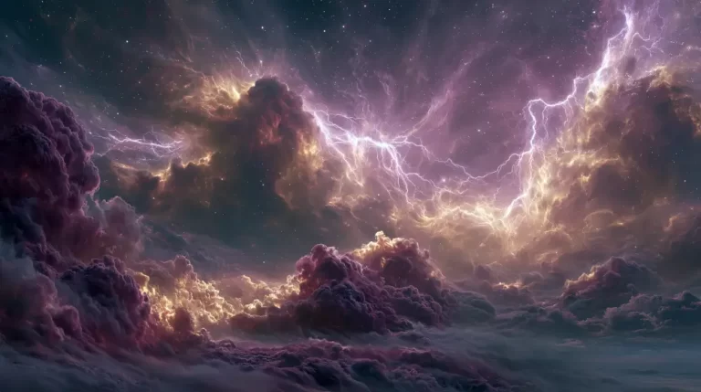 A spectacular cosmic lightning storm with bright electrical discharges tearing through massive purple and gold gas clouds.