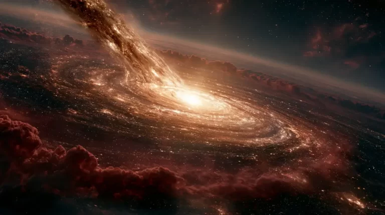 A massive glowing plasma river pouring into a bright swirling galactic vortex surrounded by dark crimson clouds.
