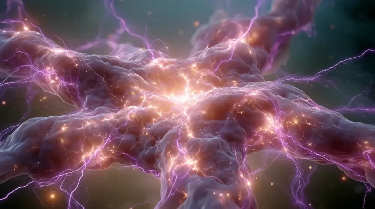 A star-shaped cosmic energy structure glowing with a bright central light and branching purple electrical arcs.