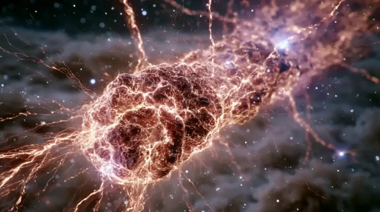 A massive cylindrical cosmic structure glowing with fiery gold energy lines and branching electrical filaments in deep space.
