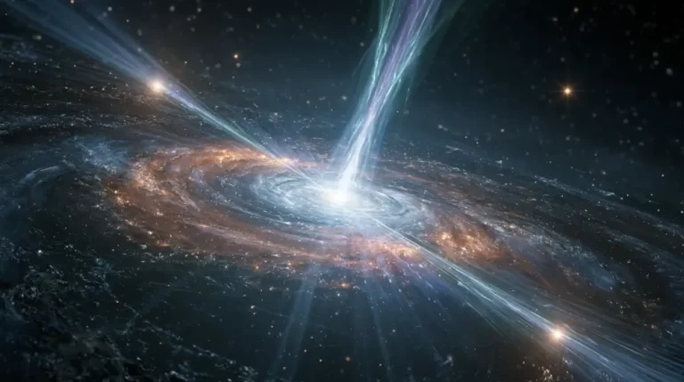 A spectacular view of a powerful blue quasar emitting intense energy jets from a swirling galactic vortex in deep space.