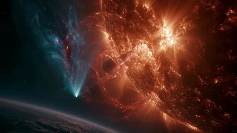 A dramatic cosmic collision where a massive bright star explodes next to a powerful blue gamma ray burst jet.
