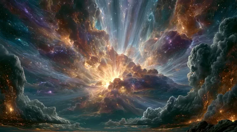 A massive cosmic explosion in deep space generating brilliant light rays bursting through dense colorful gas clouds.