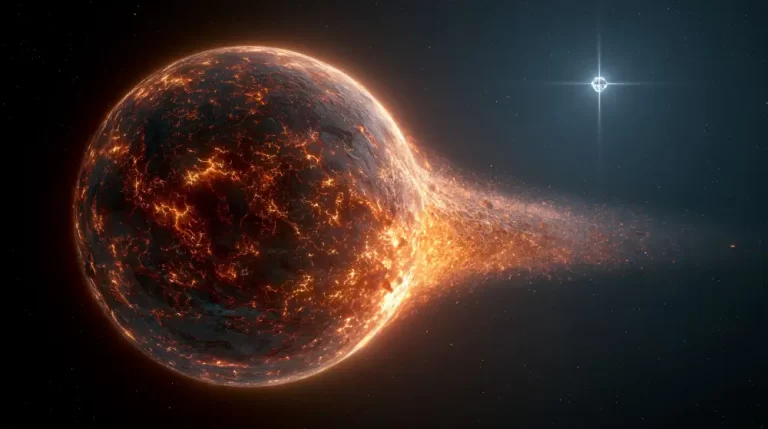 A textured planet covered in burning magma cracks disintegrating into a long trail of fiery rocky debris near a bright star.