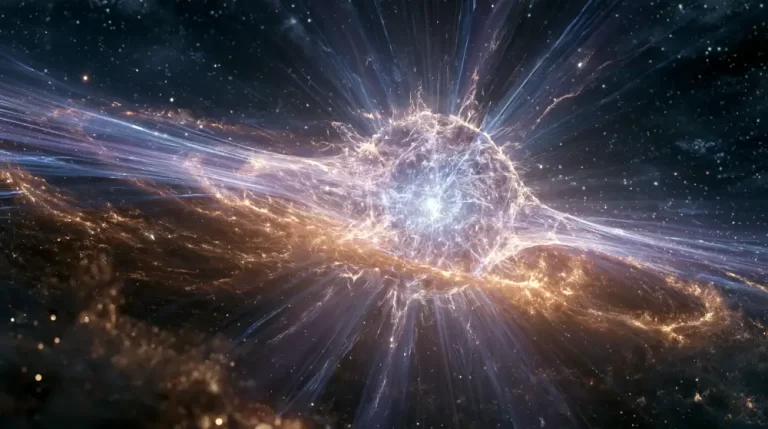 A massive glowing neutron star releasing intense blue energy beams and a bright golden shockwave into deep space.