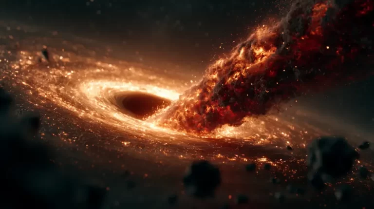 A massive fiery asteroid or planet being ripped apart and pulled into a dark swirling black hole vortex.
