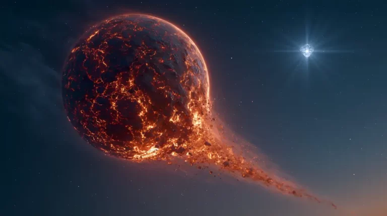 A burning planet covered in glowing lava cracks disintegrating into a trail of rocky debris next to a bright star.