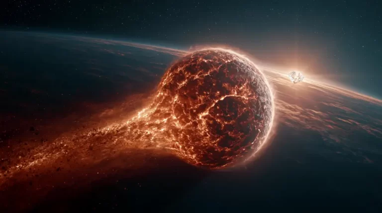 A burning planet with a textured molten lava surface shedding a thick trail of rocky debris next to a large world.