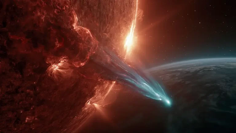 A massive red star releasing a powerful blue plasma coronal mass ejection toward a distant planet.
