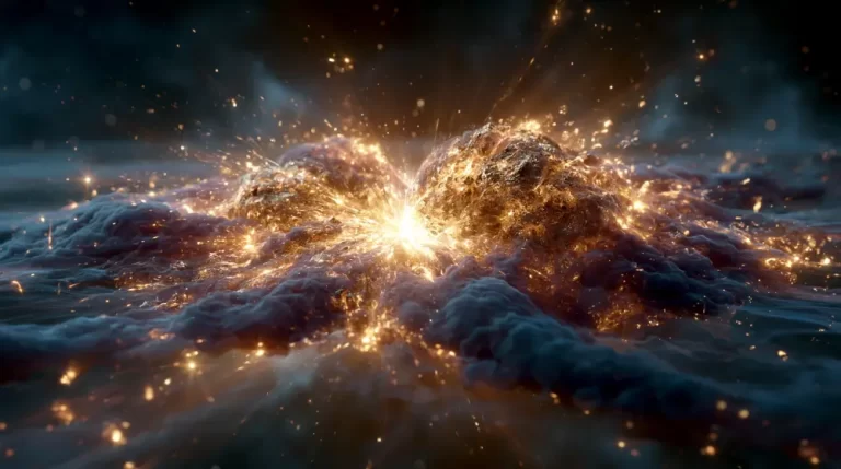 A massive cosmic collision between two celestial objects generating a blinding flash of golden light and energy.