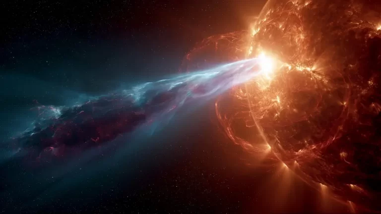 A massive red giant star ejecting a powerful stream of blue and white plasma into the dark expanse of space.