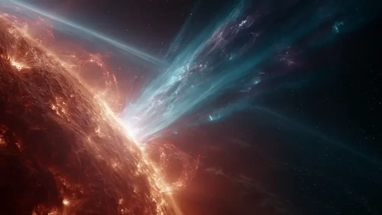 Giant sun with a massive blue plasma eruption extending into space against a dark star-filled background.