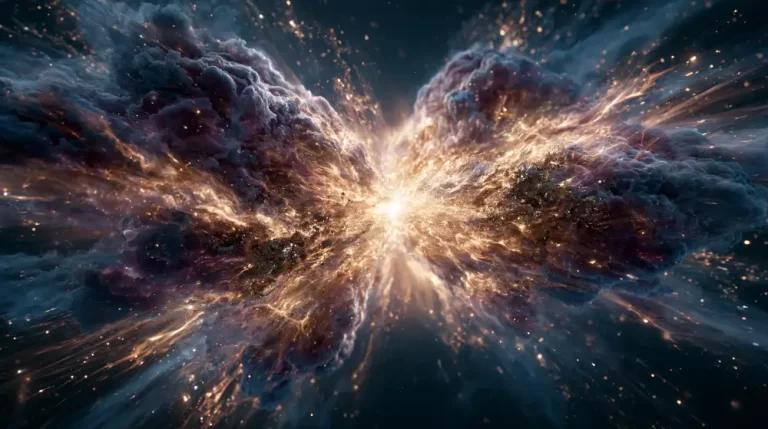 A spectacular supernova explosion creating a brilliant central flash and expanding into dark butterfly-shaped gas clouds.