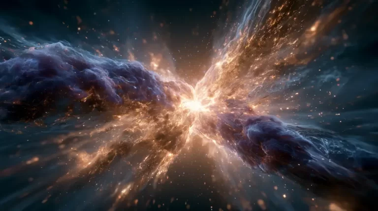 A massive cosmic explosion in deep space generating a brilliant white core and expanding purple dust clouds.