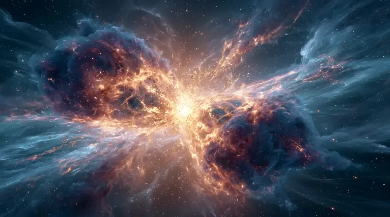 A massive supernova explosion in deep space forming a brilliant hourglass shape with expanding gas clouds.