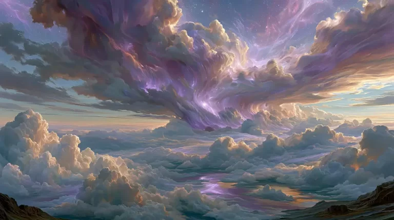 A sweeping cosmic vista showing vast rolling cream and purple gas clouds swirling into a massive central vortex under a starry horizon.