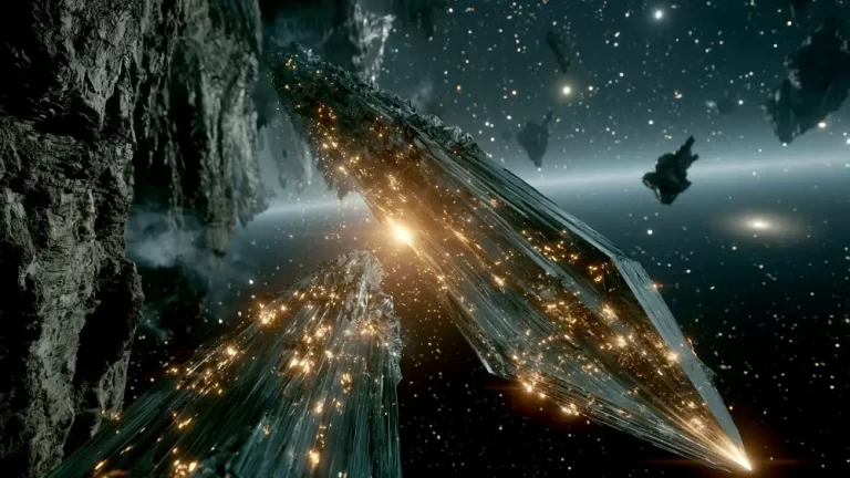 Massive sharp crystal spires reflecting brilliant golden light floating within a dark asteroid field in deep space.