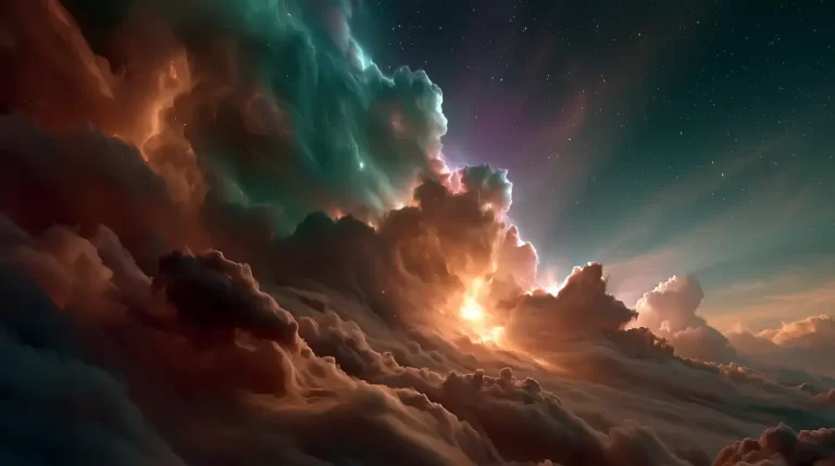 A spectacular view of towering teal and orange cosmic gas clouds lit by a hidden stellar core under a starry sky.