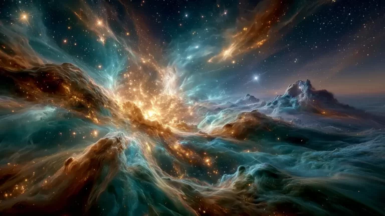 A spectacular view of towering teal and golden cosmic gas formations mimicking mountain peaks under a dense starry sky.