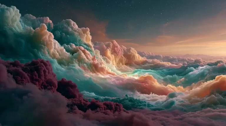 A breathtaking view of massive rolling pastel-colored gas clouds under a starry deep space horizon.